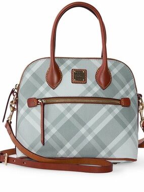 Dooney & Bourke Light Blue Plaid Dome Satchel with Tan Trim